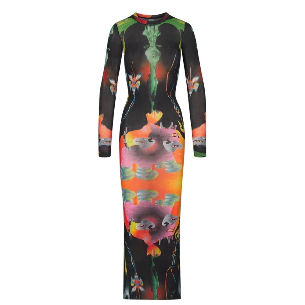 NWT SKIMS Summer Mesh Long Sleeve Dress in Obsidian Print sz Small